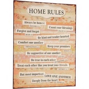 Metal skilt 26x35cm Home Rules med 12 gode råd